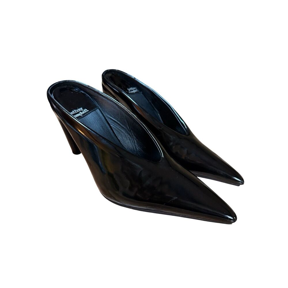 Jeffrey Campbell Buzzing Pointed Toe Mule Heels Sz 8 Black Patent Padded Slip On